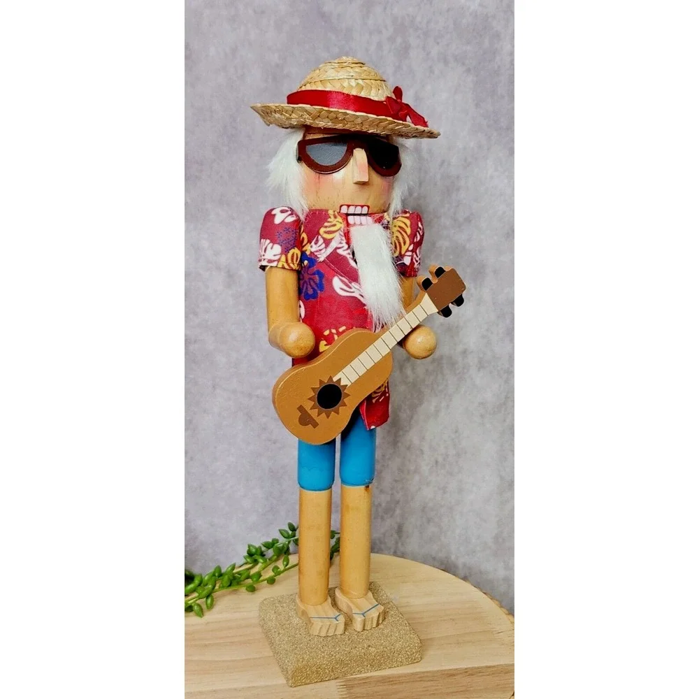 Beach Bum Nutcracker Hawaiian Tropical Shirt Santa Christmas Guitar Straw Hat‎